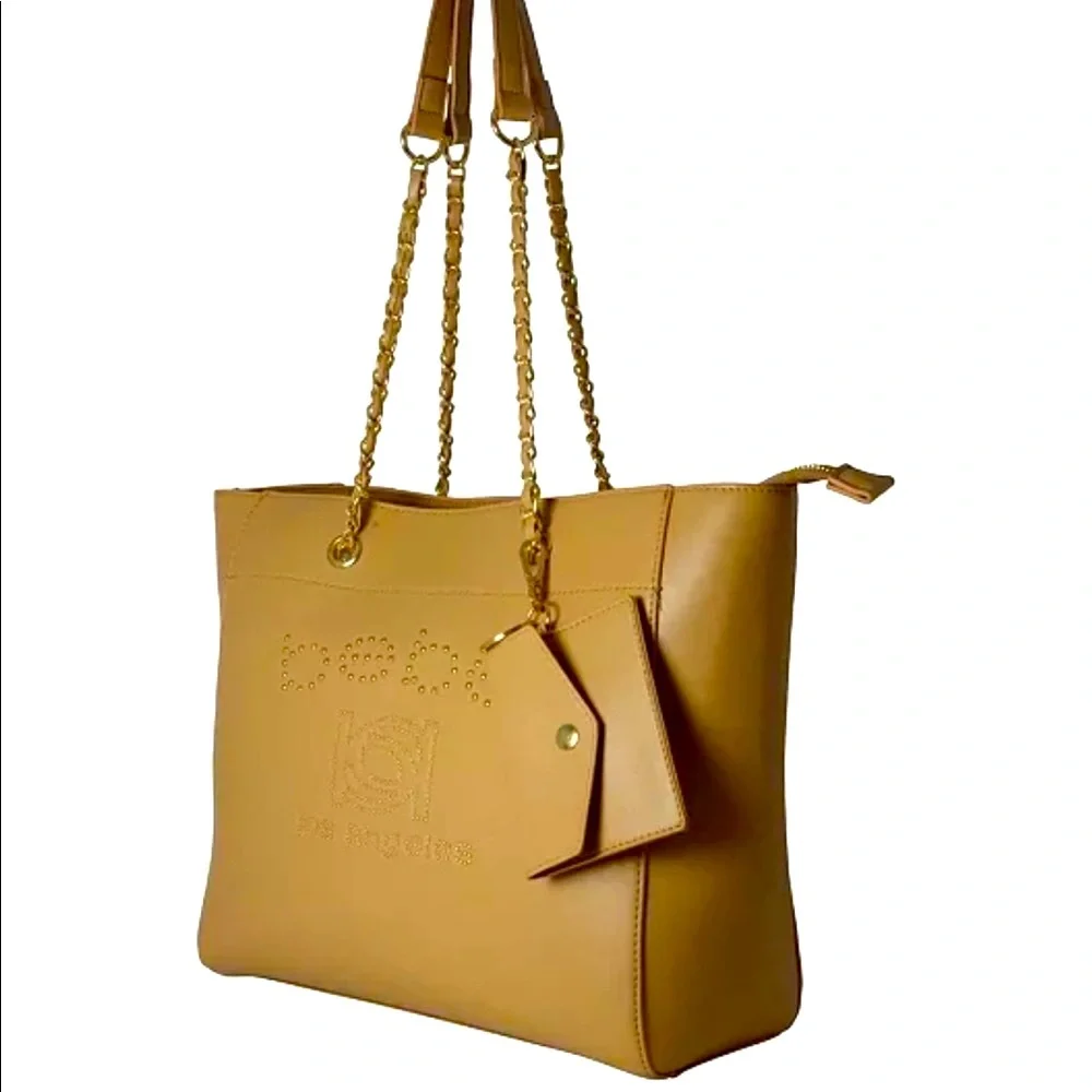 Bebe tan tote with beaded branding and card case